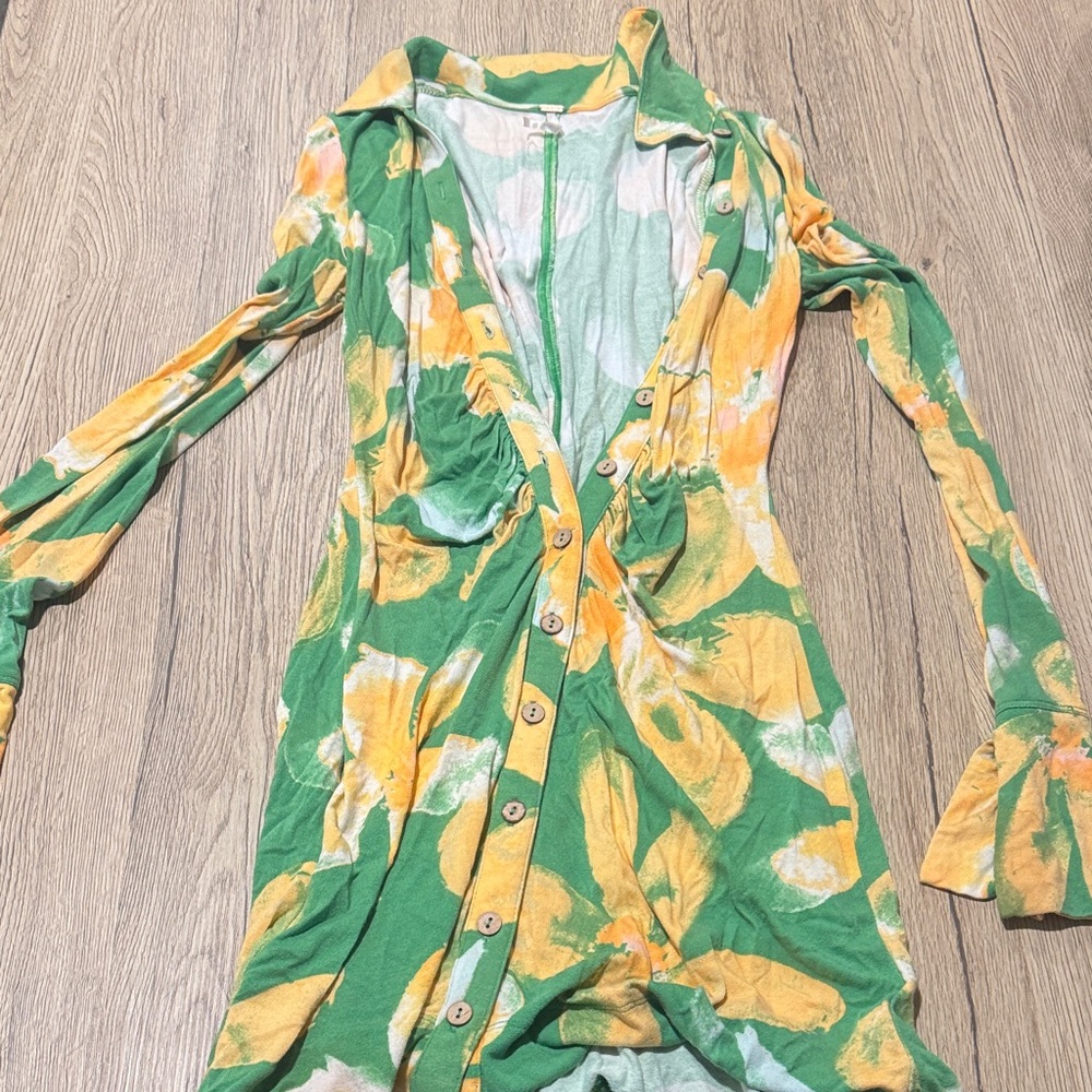 Free People Green and Yellow Floral Long Sleeve Dress